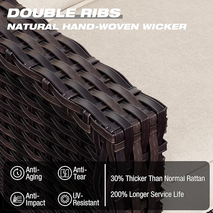 Joyside Wicker Patio Furniture Sets, 7 Pieces Upgraded Large Size Outdoor Furniture with 4 Swivel Rocking Patio Chairs, 3-Seat Sofa, Outdoor Ottoman, Thick Cushions, Wide Armrest, Beige