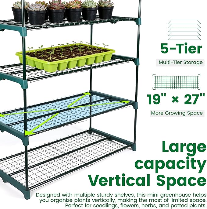 Worth Garden 5 Tier Mini Greenhouse - 75'' H x 27'' L x 19'' W - Sturdy Portable Gardening Shelves with PVC Cover - Small Porch Green House for Growing Plants Flowers Indoor & Outdoor