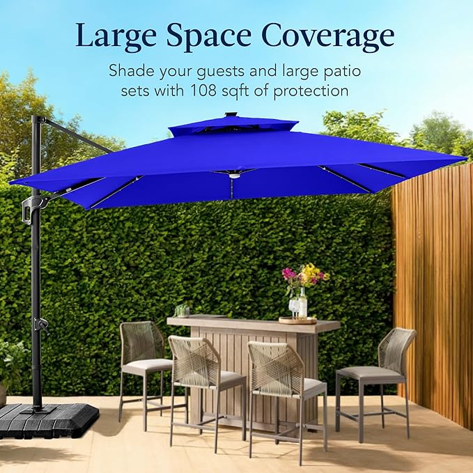 Best Choice Products 9x12ft LED Cantilever Patio Umbrella w/Base Included & 360° Rotation, Large Solar Offset Hanging Outdoor Sun Shade for Deck, Backyard Table w/Stand & Lights – Resort Blue