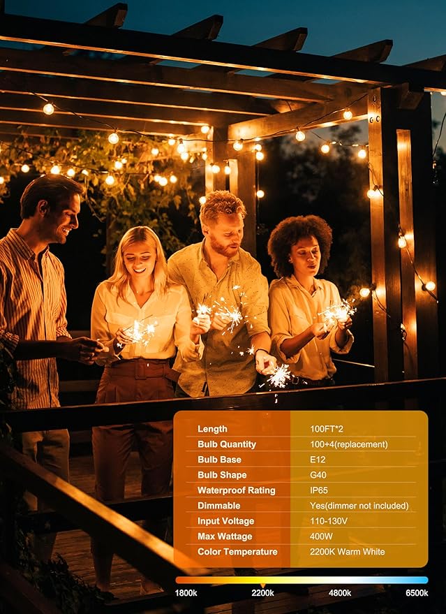 Brightown Outdoor String Lights, 200FT 100+2 G40 Bulbs Shatterproof Patio Lights, IP65 Waterproof Dimmable Hanging Connectable Globe LED Outdoor Lights for Backyard, Bistro, Porch, Deck, Balcony
