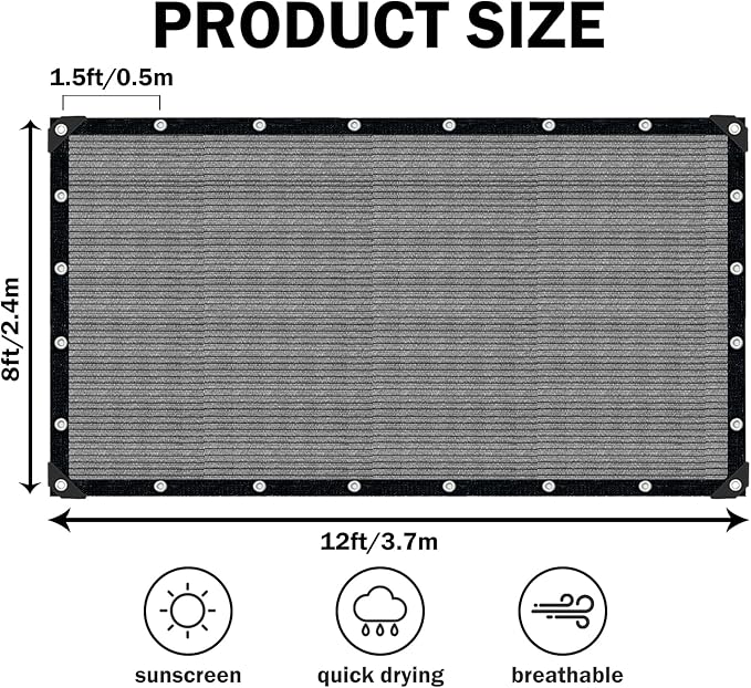 Sun Shade Cloth with Grommets,90% UV Protection Shade Fabric,Pergola Shade Cover Canopy Fence Privacy Screen Balcony,Sunshades for Patio Pergola Garden Backyard Porch Outdoor,Grey-8x12FT
