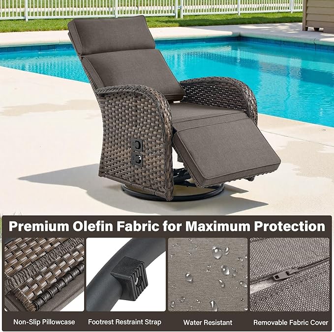 Swivel Outdoor Recliner Chair Set of 2 - Reclining Patio Chair with Adjustable Backrest and Footrest, All-Weather Wicker Chaise Lounge Chair Outdoor for Pool Deck (Upgraded 2.0)