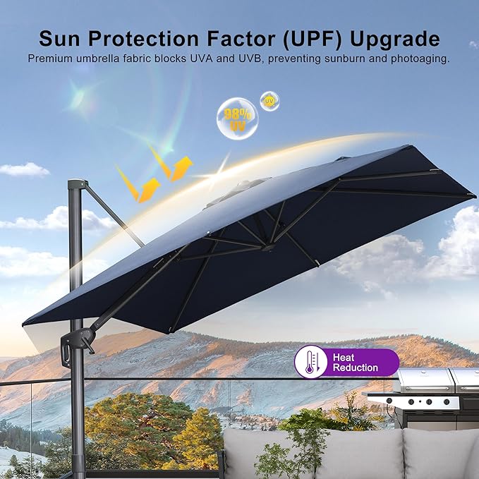 PURPLE LEAF Patio Umbrella 10' X 13' Rectangle Cantilever Umbrella Large Aluminum Outdoor Umbrellas with 360-degree Rotation & UPF40+ Premium Fabric for Deck Pool Garden Yard, Ocean Slate