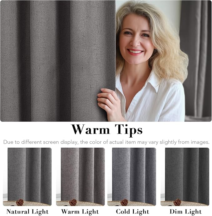 H.VERSAILTEX Linen Blackout Curtains 108 Inches Long 100% Absolutely Blackout Thermal Insulated Textured Linen Look Curtain Draperies Anti-Rust Grommet, Energy Saving with White Liner, 2 Panels, Grey