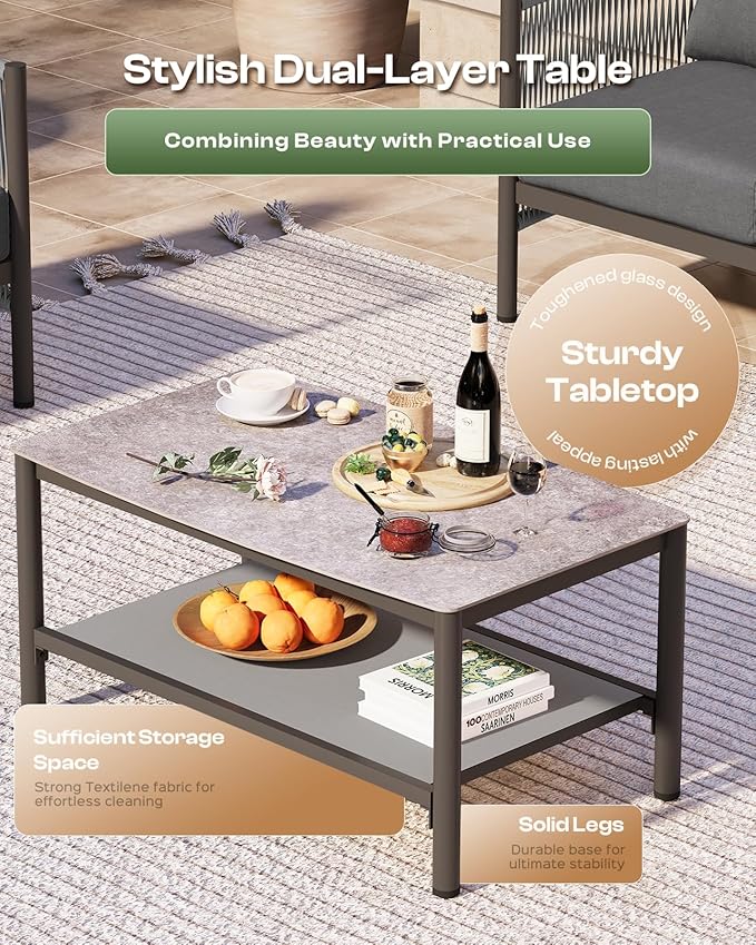Aluminum Outdoor Patio Furniture Set with Dual-Layer Coffee Table, 4 Piece Modern Patio Conversation Sets with PE Rope, Outdoor Sectional Sofa with Thick Cushions for Balcony, Porch, Charcoal