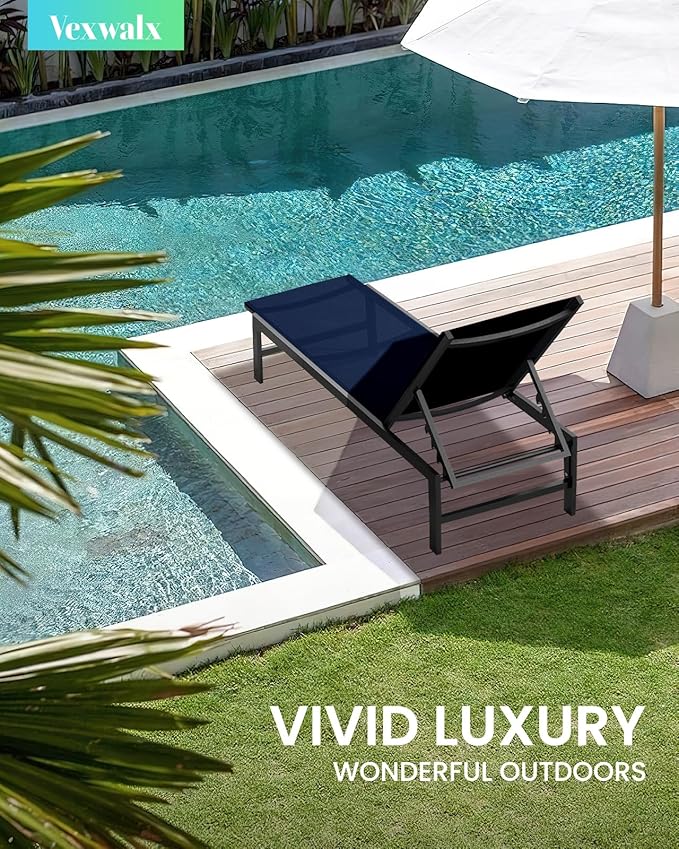 Outdoor Lounge Chairs Set of 2, Aluminum Patio Chaise Lounge Chairs with 5-Position Recliner, Pool Lounge Chairs for Backyard, Poolside, Deck, Lawn (Navyblue)