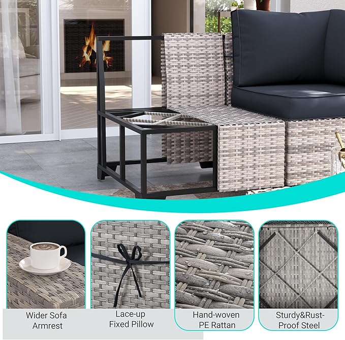 11-Piece Outdoor Patio Furniture Set with Rocking Swivel Chair Wicker Sectional Sofa Set, Patio Conversation Set with Ottomans & Coffee Table for Garden, Backyard, Poolside, Dark Grey