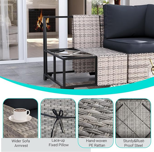 12-Piece Outdoor Patio Furniture Set Wicker Sectional Sofa Set, Patio Conversation Set with Thickened Cushions & Coffee Table for Garden, Backyard, Poolside, Dark Grey