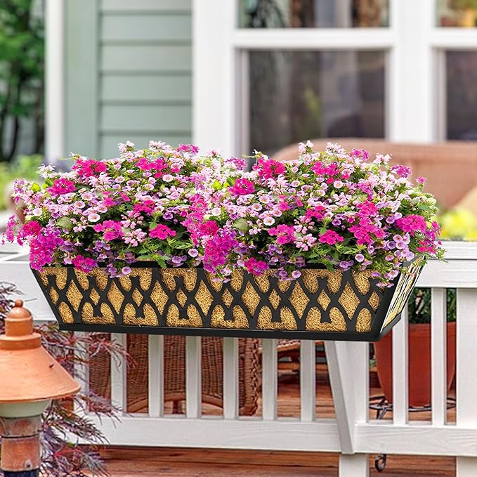 4 Pack 30 Inch Window Boxes Planters Railing Planter Box with Adjustable Brackets for Porch Fence Patio Balcony Hanging Flower Baskets with Coco Liners for Outdoor Garden Decor - Black