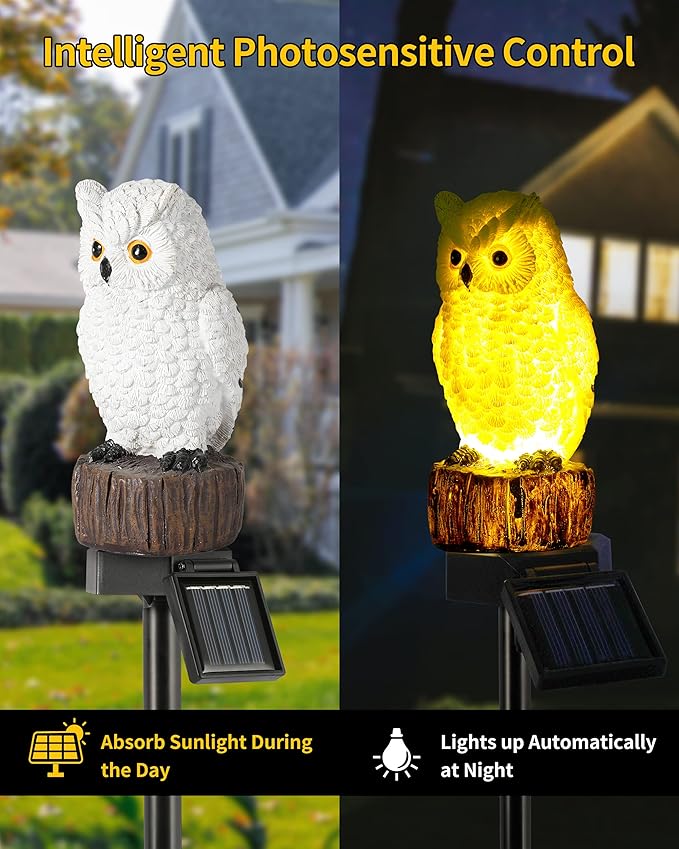 iStatue Solar Owl Garden Stake Lights, Realistic Resin Owl Outdoor Decor with Warm Glow, Waterproof Solar Yard Pathway Lawn Decoration Auto On/Off (1-Pack, Owl)