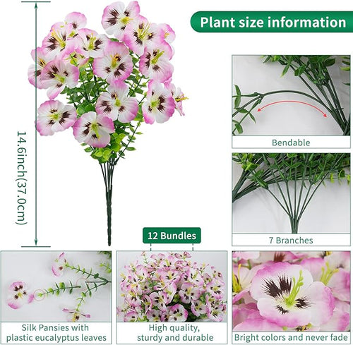 12 Bundles Artificial Pansy Flowers for Outdoor, Faux Silk Pansies Spring Flowers for Outside for Planter Front Door Porch Patio Yard Window Box Home Decor (Pink)