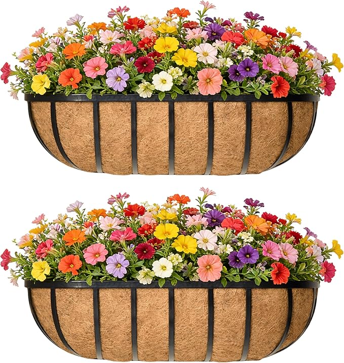 English Inviting Horse Trough Balcony Planter With Coconut LinerMetal Wall-Mounted Planter Box Deck Window Box 16 Inch (2 Pack)