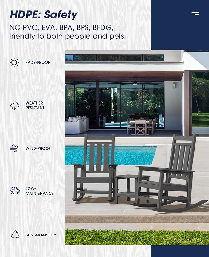 KINGYES Oversized Outdoor Rocking Chair Set of 2, All-Weather Patio Rocking Chairs for Porch, HDPE Outdoor Patio Rockers with High Back & Wide Seat for Garden, Lawn, Gray