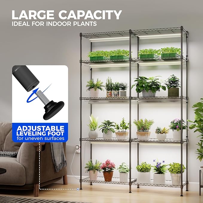 Barrina CX1 Plant Stand with Grow Lights for Indoor Plants, 5-Tier Large Tall Metal Plant Shelf with 1.6FT 20W(Per Light) Full Spectrum Plant Lights for Indoor Growing, 47x13.8x70.9IN