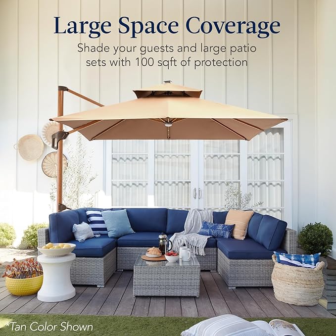 Best Choice Products 10ft Square Cantilever Patio Umbrella w/Base Included, Woodgrain Pattern Pole & Solar LED Lights, 360-Rotation, Offset Hanging Outdoor Shade - Green