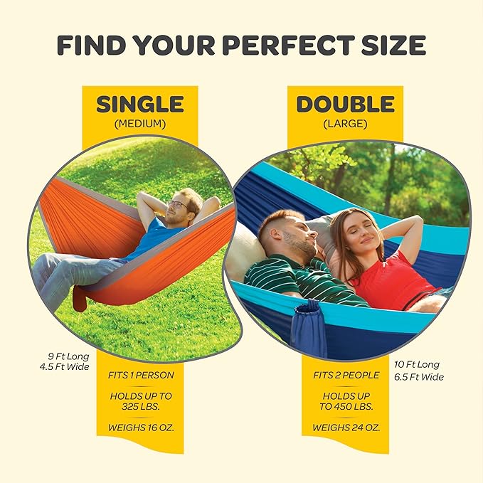 Durable Hammock 400 lb Capacity, Nylon Camping Hammock Chair - Double or Single Sizes w/Tree Straps and Attached Carry Bag - Portable for Travel/Backpacking/Beach/Backyard (Medium, Khaki & Army Green)
