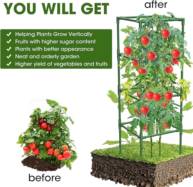 3 Pack Tomato Cages,Square Tomato Plant Stakes Support Cages Trellis for Garden Climbing Vegetables Flowers Fruits,Extra Bold