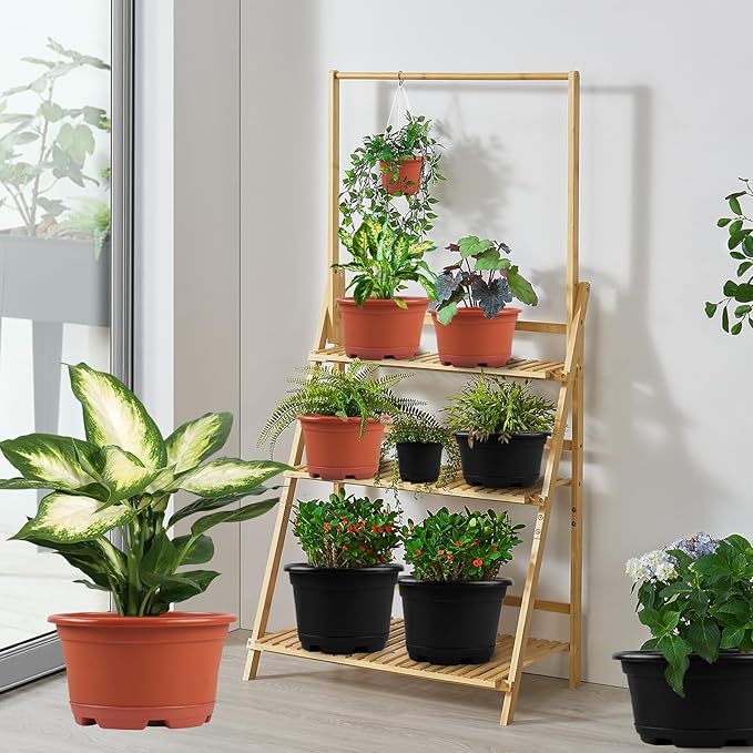 5 Pack 10.5 inch Plant Pots,Planter-Pots-for-Plants，Plastic Flower Pot for Indoor Outdoor Plants with Drainage Holes & Trays, Decorative Garden Containers Sets for Houseplants