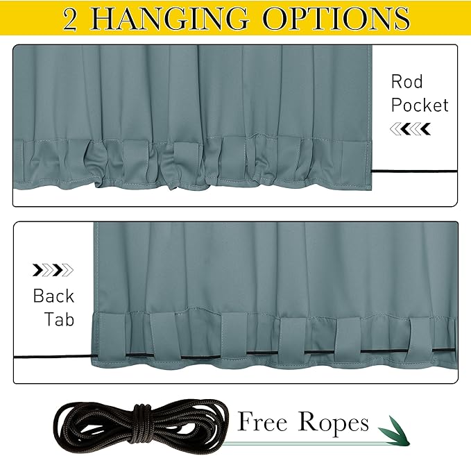 NICETOWN 2 Panels Weighted Blackout Outdoor Curtains for Patio Waterproof, Grommet & Back Tab on top and Bottom Windproof Privacy Thermal Drapes for Cabana with Fixed Rope, W52 x L95, Greyish Blue
