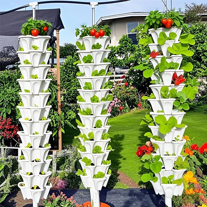 Strawberry Planters, 3 Tiered Vertical Stackable Planter, Herb Stacking Tower Garden, Flower Vegetable Planters with Support Pole, Indoor & Outdoor with Removable Wheels - Dark Grey