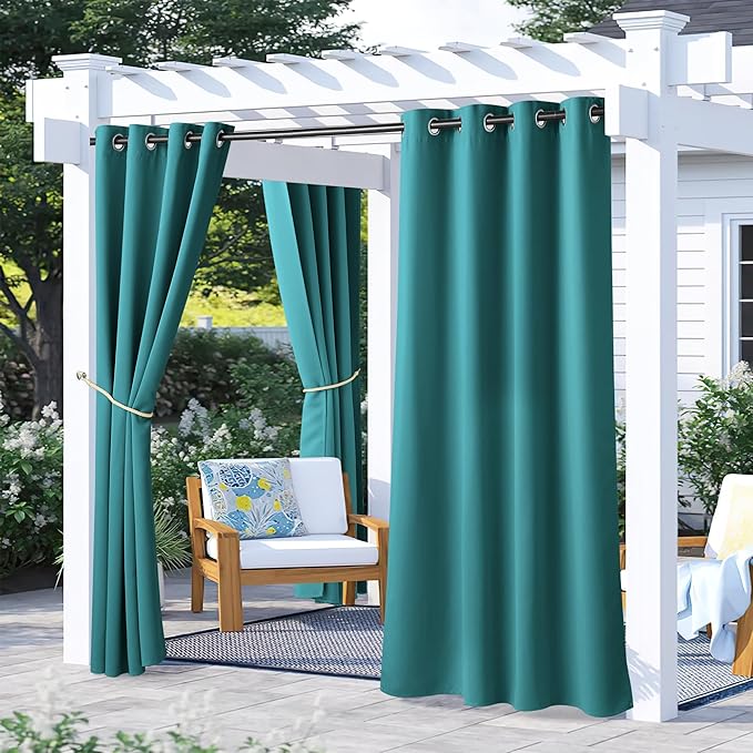 NICETOWN 2 Panels Outdoor Patio Curtains Waterproof 72 inches Long, Rustproof Grommet Pergola Curtains Thermal Curtains Indoor Outdoor Window Drapes for Porch/Gazebo, Peacock Teal, W52 x L72