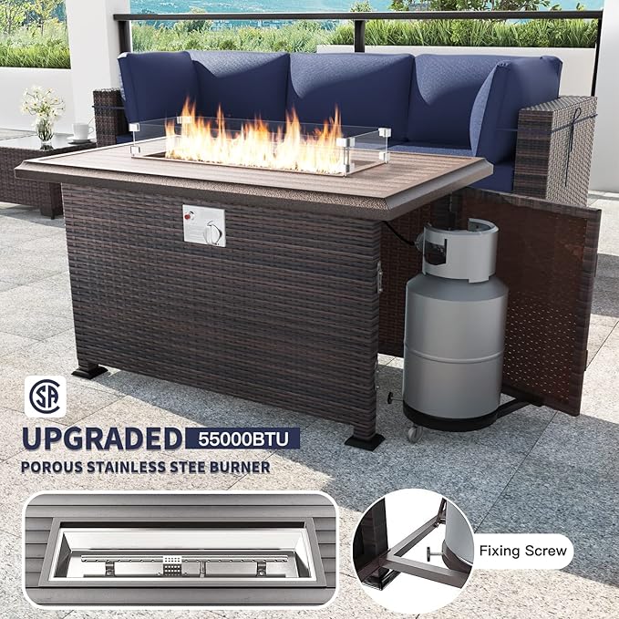 Kullavik 15PCS Outdoor Patio Furniture Set with 43" 55000BTU Gas Propane Fire Pit Table PE Wicker Rattan Sectional Sofa Patio Conversation Sets w/8 Coner Sofas,Navy Blue