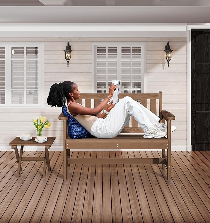 SERWALL Outdoor Bench, HDPE Outdoor Benches Weatherproof, 2-Person Garden Bench with 660 lbs Weight Capacity, Patio Benches for Outdoors, Garden, Porch, Backyard and Park, Brown, 2 Pack