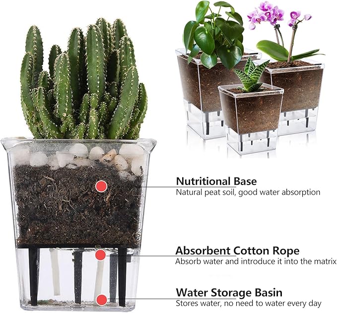 Self Watering Pots Set, 3 Pack 5/4.1/2.7 Inch Self Watering Pot for Indoor Plants, Clear Flowers Pot Planter with Deep Reservoir for Spider Plant, Orchid, African Violet