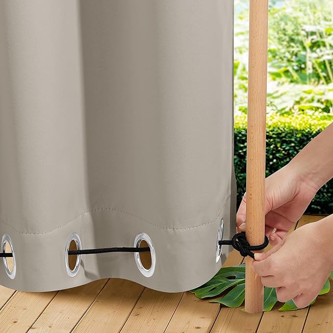 NICETOWN 2 Panels Waterproof Outdoor Curtains Fixed Grommet & Back Tab on Top & Bottom, Thermal Insulated Keep Rain & Sun Out Privacy Windproof Outdoor Draperies with Rope, W52 x L72, Natural