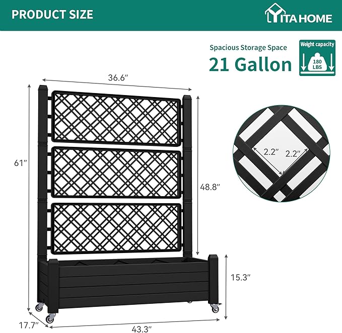 YITAHOME 3.6x1.5x5 FT Planter Box Trellis with Wheels, Large Outdoor Plastic Raised Garden Bed with Drain Plug for Climbing Plants, Black