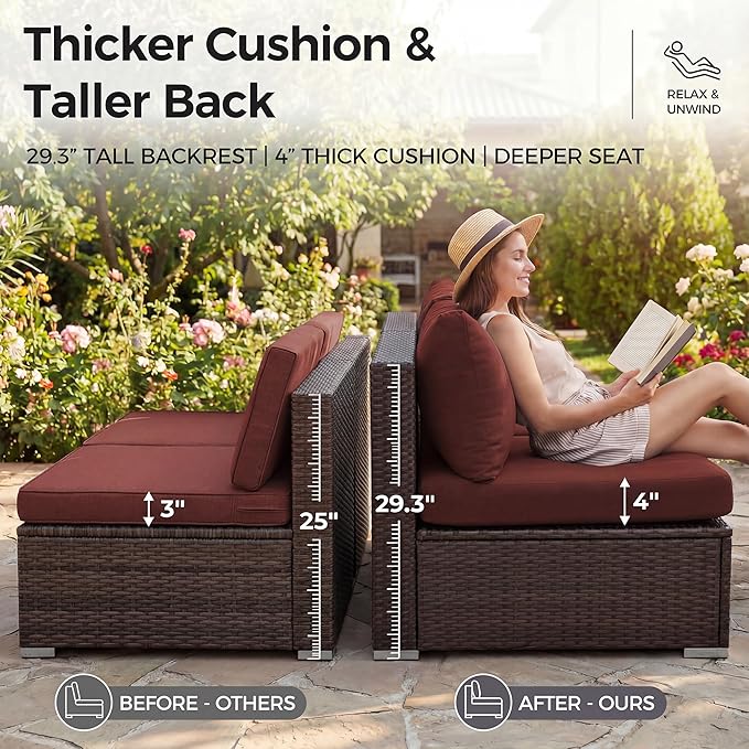 NICESOUL 6 Piece L-Shaped Modern Outdoor Furniture Set with Firepit Natural Gas/Propane, 29.3'' High-Back Deep Wide Seat Patio Conversations for Outside, Large Size Sofa, Brown Rattan and Red Cushion