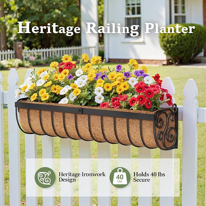 Railing Planter Boxes, 30 Inch Window Boxes Planters, Balcony Planters with Adjustable Brackets & Coco Liner & Support Rod for Outdoor Fence, Deck, Porch, and Patio Gardening, 3 Pack