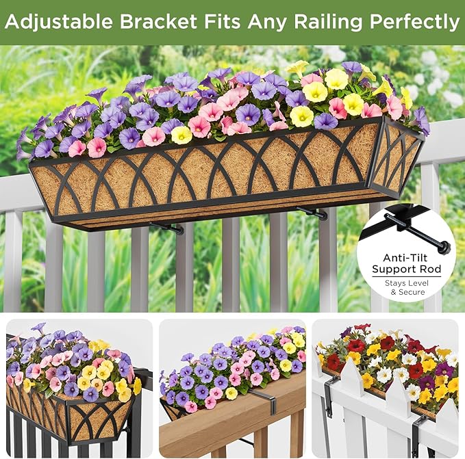 30 Inch Window Deck with Coco Liner, Fence Metal Hanging Flower Planter Window Basket Deck Railing Planter Boxes for Outdoor Garden Lawn，30" Window Boxes Horse Trough with Coconut Coir Liner, 4pcs