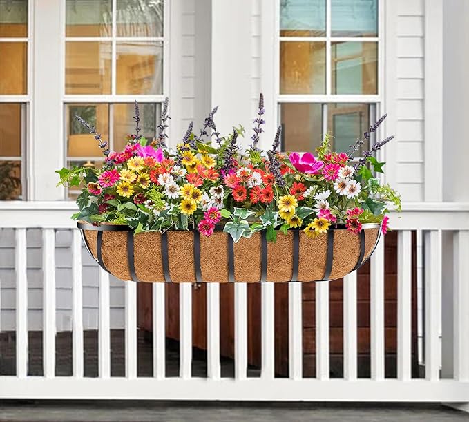Y&M 2pcs 24 Inch Window Deck with Coco Liner, 24" Window Boxes Horse Trough with Coconut Coir Liner, Black Metal Hanging Flower Planter Window Basket Deck Railing Planter Boxes for Outdoor Indoor