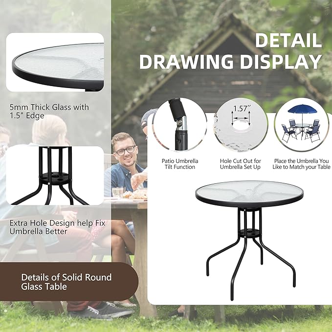 Vongrasig 6 Pieces Folding Patio Dining Set, All Weather Small Metal Outdoor Table and Chair Set, Garden Patio Furniture Set w/Umbrella, Glass Table & 4 Folding Chairs for Lawn, Backyard, Blue