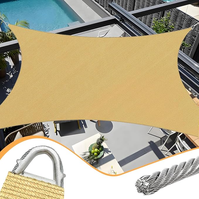 Upgraded with High-Strength Steel Cable Edges 8' x 12' Sun Shade Sail Sand Rectangle, Heavy Duty UV Blockage Outdoor Cover with Steel Wire Edges for Patio Garden
