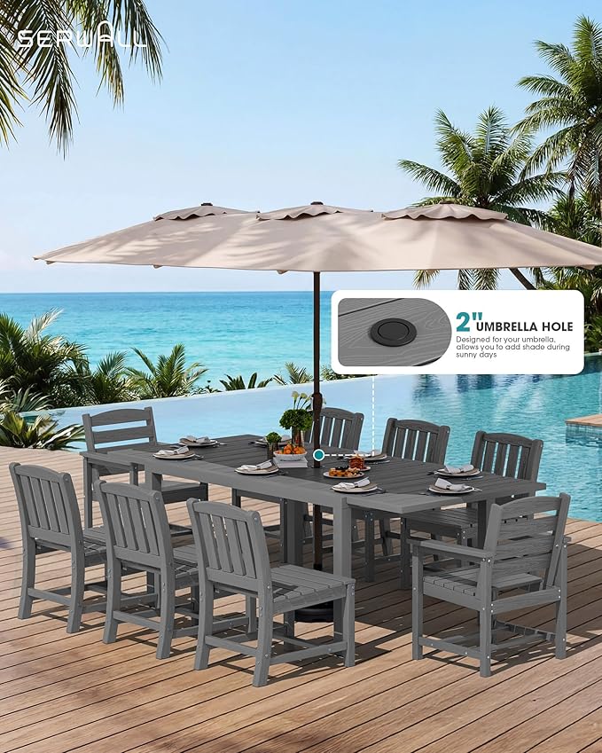 SERWALL 7-Piece Outdoor Dining Set, 60" - 83" Expandable Outdoor Dining Table and 6 HDPE Chairs, All Weather HDPE Outdoor Furniture Set for Backyard, Garden, Grey