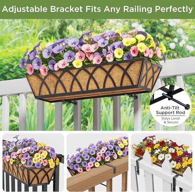 Y&M 24 Inch Window Deck with Coco Liner, Fence Metal Hanging Flower Planter Window Basket Deck Railing Planter Boxes for Outdoor Garden Lawn,6pcs