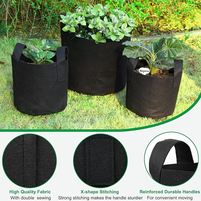 JERIA 12-Pack 2 Gallon Grow Bags, 300G Thickened Nonwoven Garden Pots,Heavy Duty Fabric Pots with Reinforced Handles