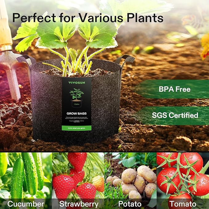 VIVOSUN 5-Pack 1 Gallon Heavy Duty Thickened Nonwoven Fabric Pots Grow Bags with Handles