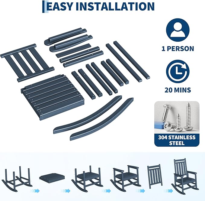 HDPE Rocking Chair Outdoor Set of 6 - Poly High Back Porch Rocker Chairs for Adults - All Weather Resistant Furniture for Patio Front Porch - Navy Blue