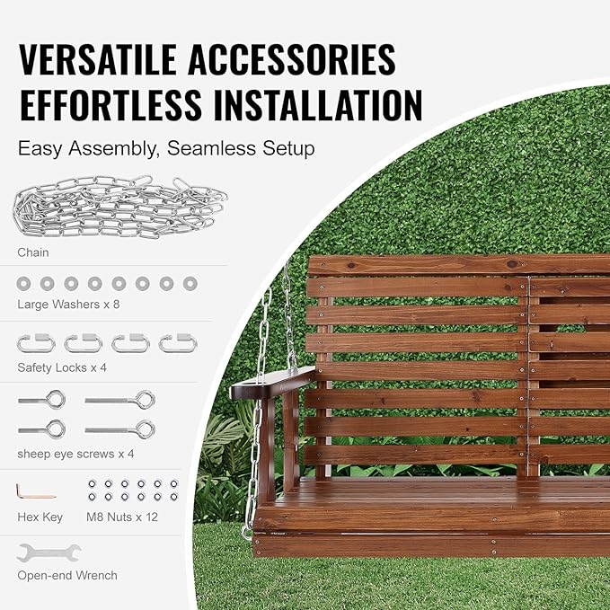 VEVOR Wooden Porch Swing 5 ft, Patio Bench Swing for Courtyard & Garden, Upgraded 880 lbs Strong Load Capacity, Heavy Duty Swing Chair Bench with Hanging Chains for Outdoors, Brown