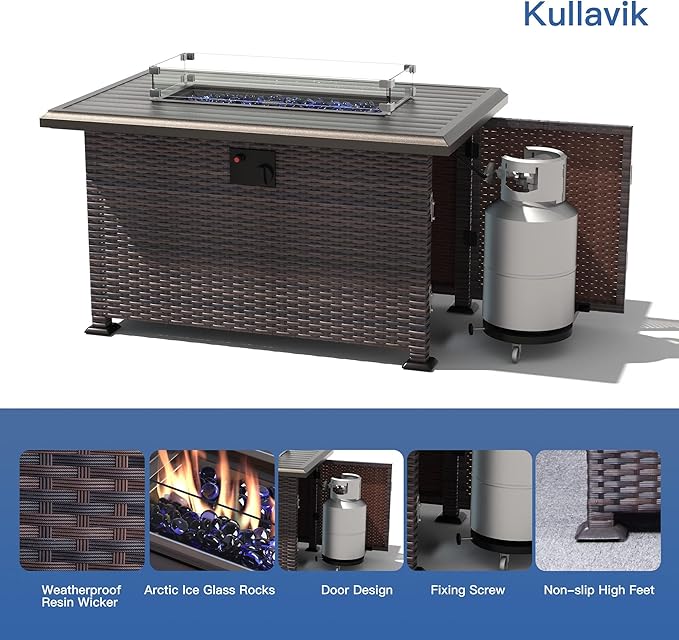 Kullavik 13 Pieces Outdoor Patio Furniture Set with 43" 55000BTU Gas Propane Fire Pit Table PE Wicker Rattan Sectional Sofa Patio Conversation Sets,Blue