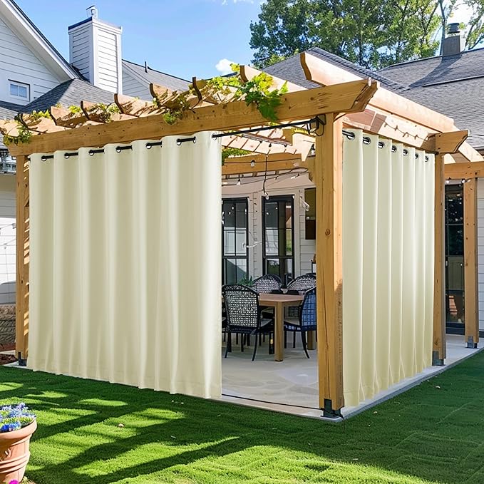 NICETOWN 2 Panels Outdoor Curtains for Patio Waterproof 84" Long, Windproof Grommet & Back Tab on Top & Bottom Thermal Insulated Sun Blocking Drapes with Rope for Gazebo, Beige, W100 per Panel