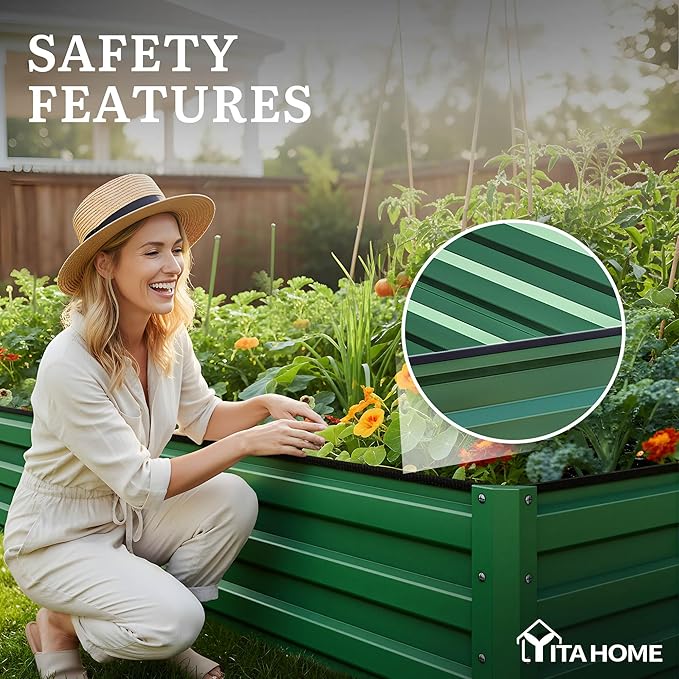 YITAHOME 6pcs 12x4x1 ft Galvanized Raised Garden Bed Kit, Large Metal Planter Box with Gloves, Safety Rubber & Support Rod, Outdoor Flower Bed for Plants Vegetables, Black