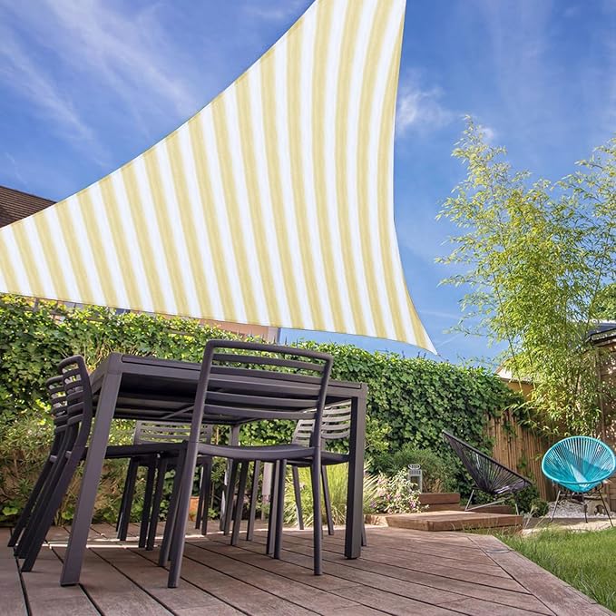 E&K Sunrise 18' x 18' x 18' Sun Shade Sail Triangle Canopy Shade Cover UV Block for Patio Backyard Garden Outdoor (Beige White Strip)