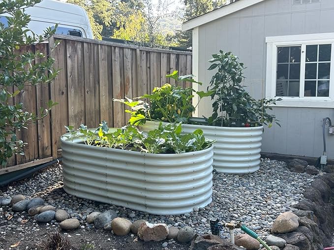 A ANLEOLIFE 12-Set 8X4X2 ft Galvanized Raised Garden Bed Kit, Oval Metal Deep Root Planters for Outdoor Plants, Antique White
