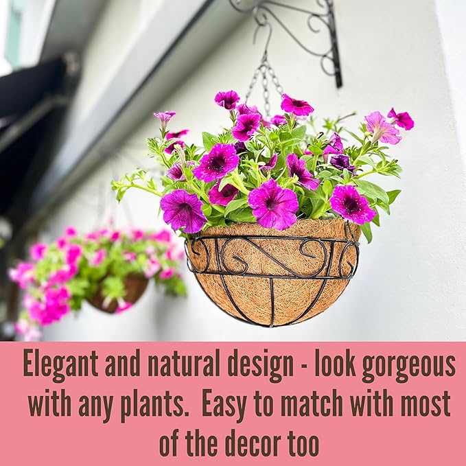 LaLaGreen Hanging Planter for Outdoor Plants (10 Inch, 6 Pack) Hanging Baskets with Coco Liner, Black Metal Wire Flower Basket Pots with Hook Hanger Balcony Porch Farmhouse Country Style Garden Decor
