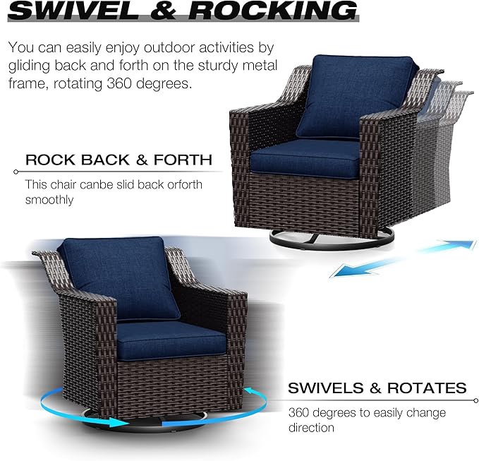 Joyside Wicker Patio Furniture Sets, 6 Pieces Upgraded Large Size Outdoor Furniture with Swivel Rocking Patio Chairs, Two 3-Seat Sofa, Fire Table, Coffee Table, Thick Cushions, Wide Armrest, Blue