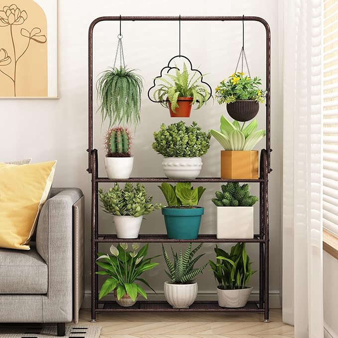 SORCEDAS Plant Stand Indoor Outdoor 3 Tier Tall Corner Hanging Shelf Metal Flower Stands Ladder Holder for Living Room Balcony Garden Patio Multiple Plants, Bronze